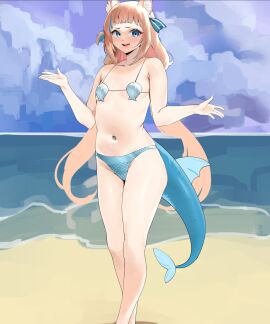 1girls animal_ears beach bikini blonde_hair blue_bikini blue_eyes blue_streak female flat_chest hair_ribbon indie_virtual_youtuber long_hair ribbon sameko_saba seashell seashell_bra seaside shark_girl shark_tail shell solo solo_female streaked_hair tail twintails virtual_youtuber yotahen