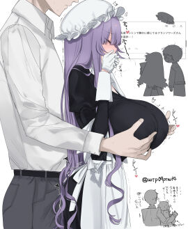 1boy1girl apron big_breasts blush breasts closed_eyes clothed eurasia_(wtp09ptw14) female female_focus foreplay francoise_(eurasia) gloves hands_over_mouth long_hair maid maid_headdress maid_uniform male nipple_teasing no_bra_under_clothes oc original penis purple_hair rubbing_penis_through_clothes sweating teasing twitching white_gloves wtp09ptw14