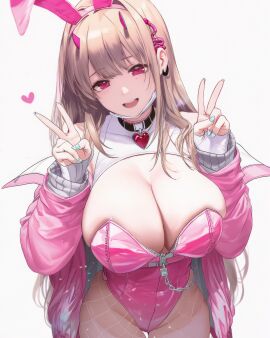 1girls breasts bunny_ears bunnysuit chains choker cleavage female fishnet_legwear fishnets goddess_of_victory:_nikke heart horn horns huge_breasts legwear nail_polish nikke peace_sign pink_clothes pink_eyes sweater thefelix v_sign viper_(nikke) wide_hips