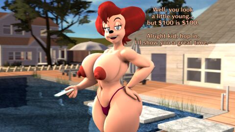 3d anthro bedroom_eyes big_breasts big_nipples breasts canid canine clothed clothing curvy_figure daemont92 dialogue disney female goof_troop hand_on_hip hi_res looking_at_viewer mammal mature_female money narrowed_eyes nipples panties peg_pete seductive solo source_filmmaker_(artwork) swimming_pool thick_thighs topless underwear voluptuous wide_hips