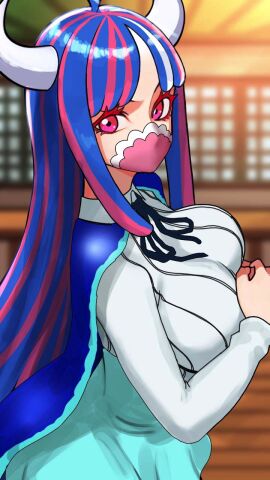1girls 2d 2d_(artwork) bare_arms big_breasts blue-haired_female blue_hair breasts clothed clothing color covered_mouth detailed_background digital_art digital_media_(artwork) eyelashes eyes face_mask female female_focus female_only fully_clothed fully_clothed_female hi_res horns japanese_architecture large_breasts light-skinned_female light_skin long_hair looking_at_viewer mask multicolored_hair mutsumomo one_piece open_eyes pink_eyes safe_for_work selfie shounen_jump solo solo_female thick_thighs two-tone_hair ulti_(one_piece) white_horn