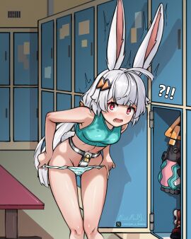 1girls afraid ananta battlebunny blush bunny_ears bunny_girl chastity_belt chastity_device cute_face dressing dressing_room female female_chastity female_only locked no_pants small_breasts surprised taffy_(ananta) thights