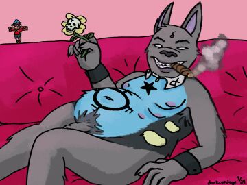 4:3 anthro armpit_hair asian_mythology body_hair bone cigar collar crucifix cuffs_(clothing) darkcyndoge durtro_(current_93) flaccid flower foreskin furniture genitals hi_res hindu_mythology holding_flower holding_object looking_at_viewer male mammal mascot mythology navel no_pupils noddy_(series) nude overweight penis pixie plant pubes reclining_on_sofa religious_symbols skull smoking smoking_cigar sofa solo solo_focus uncircumcised