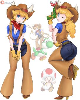 1girls assless_chaps blonde_hair blue_eyes boots chaps cleavage cowgirl cowgirl_hat cowgirl_outfit cowgirl_peach dismaiden female gloves high_heel_boots high_heels horns jeans lasso light-skinned_female light_skin mario_(series) nintendo patreon_username piranha_plant ponytail princess_peach princess_peach:_showtime! toad_(mario) wink yoshi