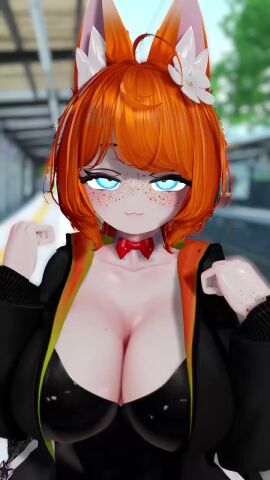 1girls animal_ears animated animation blue_eyes breast_press breast_squeeze breasts cleavage dress female female_only fox fox_ears fox_girl fox_tail freckles freckles_on_arms freckles_on_face ginger ginger_female ginger_hair glubbable huge_breasts indie_virtual_youtuber jacket jiggling_breasts kemonomimi large_breasts light-skinned_female light_skin no_sound short_playtime shorter_than_10_seconds solo solo_female squished_breasts squishing_breasts tagme video virtual_youtuber vrchat vrchat_avatar vrchat_model vtuber