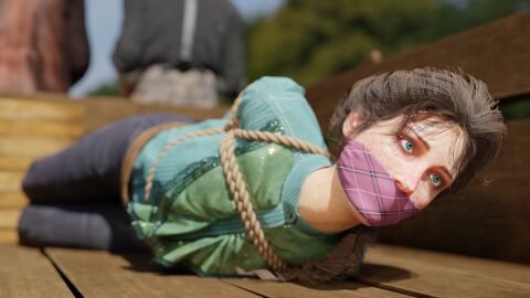 1girls 3d arms_behind_back bondage bound bound_arms bound_legs brown_hair clothed_bondage cowboy damsel damsel_in_distress female fully_clothed gag gagged helpless hogtie kidnapped lying_on_stomach mary-beth_gaskill old_west on_side otm_gag outdoors outside red_dead_redemption_(series) red_dead_redemption_2 restrained rindekey rope rope_bondage slave slave_girl slave_raid solo tied_arms tied_hair tied_up video_games wagon western wild_west