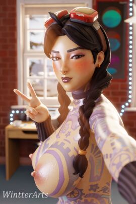 3d 3d_model 3d_render black_hair blender blender3d blender_(artwork) blender_(software) blender_cycles blue_eyes choker comission female female_focus female_human female_only fortnite fortnite:_battle_royale jules_(fortnite) naked naked_female naked_footwear open_eyes open_smile patreon ring_piercing selfie selfie_pose tattoo tattoos_everywhere wet winternightarts wintterarts