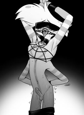 4_arms absurd_res angel_dust_(hazbin_hotel) anthro arachnid arthropod blindfold collar demon enaic31 erection gag genitals hazbin_hotel hi_res humanoid_genitalia humanoid_penis male male_only monochrome multi_arm multi_limb navel penis ring_gag solo spider