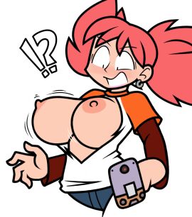 !? annoyed annoyed_expression annoyed_face annoyed_female bare_breasts bare_chest big_breasts blush blushing_female breasts breasts_out capcom earrings eyeshadow female flat_colors fully_clothed hi_res high_resolution highres iroaya_madoi jinnsart large_breasts lipstick mega_man mega_man_battle_network ms._madd p.e.t. pink_hair purple_eyeshadow solo solo_female surprised surprised_expression surprised_face surprised_look tagme torn_clothes torn_clothing torn_shirt unwanted_exposure waist_up wardrobe_malfunction white_background
