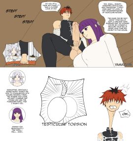1boy 2girls ballbusting balls big_balls big_boobs big_breasts big_penis breasts cock_and_ball_torture cock_and_balls_torture conversation elf female fern_(sousou_no_frieren) frieren frieren_beyond_journey's_end green_eyes grey_hair humiliation magic male penis penis_humiliation red_hair sousou_no_frieren stark_(sousou_no_frieren) testicles testicular_torsion text text_bubble violet_eyes violet_hair yamato_bb