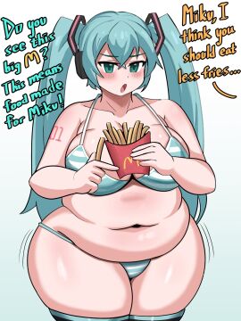 1girls belly blue_hair blush chubby_female cute female food fries hatsune_miku thick_thighs tummy twintails ytrall
