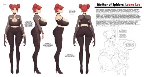 1girls 4_arms 6_eyes arachnid arachnid_humanoid ass big_breasts breasts character_sheet choker clothing empty_eyes english_text female fishnet_topwear fishnets hair_bun heeled_feet heels hi_res leena_(luxurias) long_legs looking_at_viewer luxurias multi_arm multi_eye multi_limb original pants profile red_eyes red_hair smiling smiling_at_viewer speech_bubble spider_girl text_box tied_hair topwear twin_buns white_background