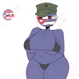 1boy 1girls ass big_ass big_breasts bikini blue_body blue_skin breasts cigar countryhumans countryhumans_girl cuba_(countryhumans) female hands_behind_back male puerto_rico_(countryhumans) red_eyes thick_thighs thighs white_background xx.canada.xx