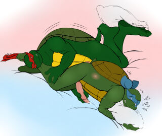 2_toes 3_fingers absurd_res anal anal_sex anthro anthro_on_anthro bed bodily_fluids brother brother_(lore) brothers_(lore) digital_media_(artwork) duo erection feet fingers furniture genital_fluids genitals handjob handjob_while_penetrating hi_res hug hugging_object hugging_pillow incest incest_(lore) leaking_precum leonardo leonardo_(tmnt) lying male male/male male_penetrated male_penetrating male_penetrating_male mammal mishajeans on_bed on_side penetration penile penis pillow precum raphael raphael_(tmnt) reptile scalie sex shell sibling_(lore) simple_background smile tail teenage_mutant_ninja_turtles tmnt_1987 tmnt_2003 toes turtle