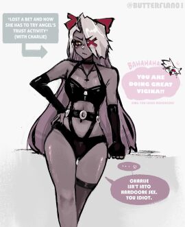 1girls angel_dust angel_dust_(hazbin_hotel) artist_name breasts butterflan01 english_text female female_focus hazbin_hotel navel text twitter_username vaggie_(hazbin_hotel)