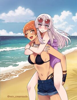 2girls ;d alternate_costume alternate_hairstyle bangs bare_midriff beach bikini black_bikini black_swimsuit breasts carrying carrying_partner cleavage crossed_arms female female_only fingerless_gloves fire_emblem fire_emblem:_three_houses fire_emblem_warriors:_three_hopes gloves hug leonie_pinelli long_hair lysithea_von_ordelia medium_breasts midriff multiple_females multiple_girls nintendo ocean official_alternate_hairstyle one-piece_swimsuit one_eye_closed open_mouth orange_eyes orange_hair orange_nails outdoors piggyback pink_eyes purple_nails purple_one-piece_swimsuit purple_swimsuit rein_creamsoda short_hair shorts sideboob smile sunglasses sunglasses_on_head swimsuit water white_hair wholesome wink yuri
