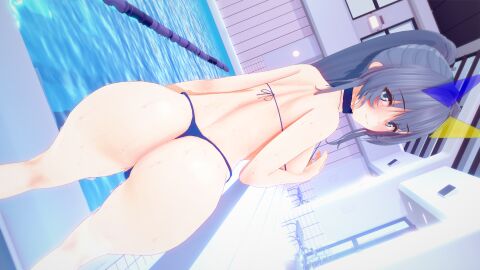 3d ass azur_lane bikini blue_bikini blush breasts dutch_angle eagle_union_(azur_lane) female from_behind grey_eyes hairbow koikatsu large_breasts long_hair looking_at_viewer looking_back new_jersey_(azur_lane) new_jersey_(midsummer_leisure)_(azur_lane) ponytail pool smile solo swimsuit thong thong_bikini water wet