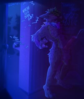 absurd_res ban_(ban) blush bodily_fluids canid canine canis cum ejaculation genital_fluids genitals green_hair grey_body hair hi_res knot knotted_penis male mammal masturbation octogen party penis solo stealth_masturbation wolf