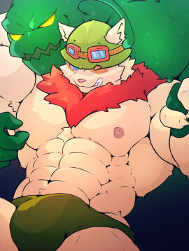 2025 2boys abs anthro big_muscles blue_eyes bulge clenched_teeth clothed clothing duo eyewear gay goggles goo_creature goo_humanoid green_body green_clothing green_hat green_headwear green_underwear hat headgear headwear hi_res humanoid jaguk9481 league_of_legends male male/male male_only muscles muscular muscular_anthro muscular_male nipple_fetish nipple_pinch nipple_play nipples one_eye_closed pecs pinch riot_games simple_background teemo teeth topless underwear yaoi yellow_eyes yordle zac
