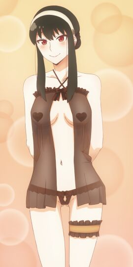 1girls arms_behind_back ass_visible_through_thighs belly belly_button black_camisole black_hair black_nightgown black_thigh_strap blush blush_lines breasts camisole cleavage collarbone female female_focus female_only frilled_panties frilled_thigh_strap groin hair_between_eyes hair_bun hairband hands_behind_back heart_pasties hi_res highres keihh light-skinned_female light_skin lips long_hair looking_at_viewer medium_breasts navel nightgownorange_background panties pasties pointy_chin pussy red-eyed_female red_eyes shaved_pussy shoulders simple_background slender_body slender_waist slim_female slim_waist smile smiling smiling_at_viewer solo solo_female spy_x_family standing thigh_band thigh_gap thighs thin_waist underwear white_hairband wide_hips yor_briar yor_forger