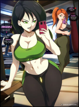 2girls abs ass bare_arms bare_shoulders big_ass big_breasts big_butt black_hair breasts clothed clothing color disney disney_channel english_text felox08 female female_focus female_only fit fit_female green_eyes gym gym_clothes hi_res kim_possible kimberly_ann_possible large_breasts light-skinned_female light_skin long_hair multiple_females multiple_girls muscles muscular muscular_female orange_hair shego solo_female sports_bra tagme text text_bubble thick_thighs