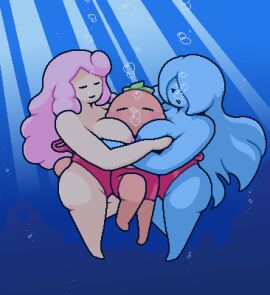 1boy 2girls big_breasts blue_hair blue_skin blush boob_squish breasts breasts_out bubble bubbles female happy holding_butt lifeguard_swimsuit male mia_(okami_tomato) pink_hair smothering swimsuit tara_(zxtomatofan) tomato_(okami_tomato) topless underwater zxtomatofan