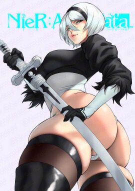1girls 2d 2d_(artwork) absurd_res ass ass_focus big_ass big_butt blue_eyes butt_focus female female_focus female_only gloves large_ass leotard light-skinned_female light_skin looking_back nero_undead neroundead nier nier:_automata nier_(series) solo thick_thighs thighhighs thighs white_hair yorha_2b