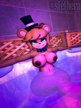 1girls 3d bear big_breasts blue_eyes breasts brown_body brown_fur brown_hair cally3d completely_nude cryptiacurves fazclaire's_nightclub female female_focus female_only five_nights_at_freddy's freddy_(fnaf) fredina's_nightclub fredina_(cally3d) frenni_(cryptia) frenni_fazclaire hat highres nude pole smiling solo stefhera tagme yellow_eyes