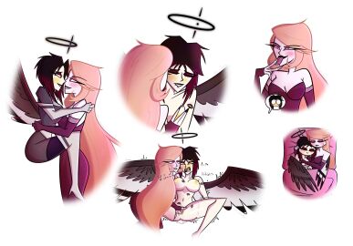 after_sex angel angel_halo angel_wings clothed collage exorcist_(hazbin_hotel) female/female female_only fingering hazbin_hotel hug im_ameraj kissing kissing_neck lesbian_sex lilith_morningstar_(hazbin_hotel) lipstick_mark nude_female oc orgasm original_character pale-skinned_female pale_skin pleasure_face scars wet_pussy wholesome yellow_eyes yellow_nipples yellow_pussy