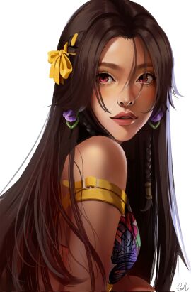 1girls african_female armlet bikini_top brown_hair brown_lips close-up corrupted_twitter_file dark-skinned_female dark_skin earrings eman_(eno_b) face female floral_print hair_ribbon miary_zo mole mole_under_eye namco portrait red_eyes signature solo tekken tekken_8