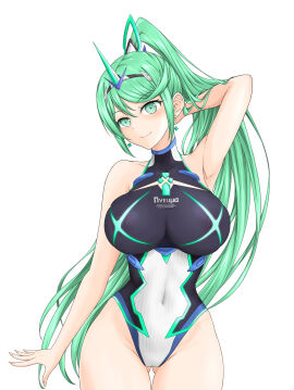 1girls absurd_res bare_legs big_breasts breasts chest_jewel competition_swimsuit covered_erect_nipples covered_navel feichu_keju female gem greek_text green_eyes green_hair high_res impossible_clothes impossible_swimsuit long_hair nintendo one-piece_bikini pneuma_(xenoblade) ponytail simple_background swept_bangs swimsuit tiara very_long_hair white_background xenoblade_(series) xenoblade_chronicles_2
