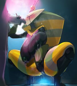 antennae arthropod_girl blush breasts cum cum_on_body cum_on_breasts erection fellatio female female_masturbation handjob highres male mask masturbation mdthetest my_life_as_a_teenage_robot nipples oral penis pussy queen_vexus robot spread_legs vexus