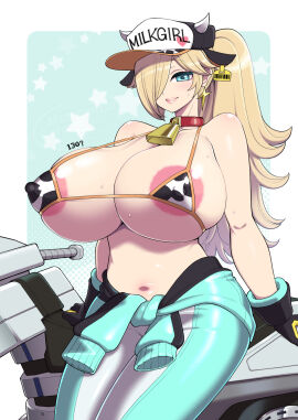1girls bikini blonde_hair blush breasts collar cow_bell cow_bell_collar cow_print cow_print_bikini earrings erect_nipples erect_nipples_under_clothes female hair_over_one_eye hanauna hat huge_breasts long_hair mario_(series) mario_kart nintendo princess_rosalina solo star_earrings super_mario_bros. super_mario_galaxy thick_thighs thighhighs