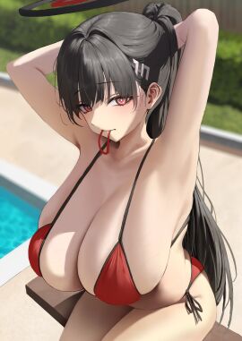absurdres armpits arms_behind_head arms_up bikini black_hair blue_archive breasts cleavage egoswans female hair_ornament hair_tie_in_mouth hairclip halo high_ponytail highres huge_breasts long_hair looking_at_viewer millennium_science_school_student mouth_hold outdoors ponytail pool red_bikini red_eyes ringed_eyes rio_(blue_archive) seminar_(blue_archive) side-tie_bikini_bottom sideboob sitting skindentation solo swimsuit thighs very_long_hair water