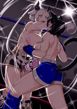 2futas animal_ears areolae black_hair boxing_gloves boxing_ring breasts cat_tail catfight clothed clothing condom cowgirl cum dickgirl duo ejaculation erection female futa_on_futa futa_only futanari hands-free handsfree_ejaculation horns humanoid humanoid_penis intersex kemonomimi kobenichiii light-skinned_futa light_skin mostly_nude nipples orgasm penis ryona sexfight short_hair standing topless