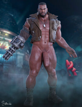 1boy 1human 3d 3d_(artwork) 3d_model african african_male bara barret_wallace big_dick big_penis black_hair bottomless_male dark-skinned_male dark_skin final_fantasy final_fantasy_vii final_fantasy_vii_remake flaccid flaccid_penis gun_arm huge_penis hung male male_only male_solo masculine masculine_male melanin muscular muscular_chest muscular_male muscular_thighs penis solo solo_focus solo_male square_enix sthenhx yaoi