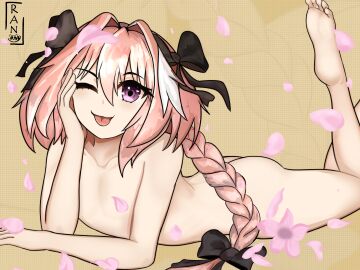 1boy ass astolfo_(fate) barefoot fate_(series) feet feet_up femboy male nude pink_eyes pink_hair ranchii_nsfw skinny tagme