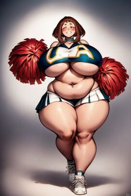 ai_generated bbw belly big_belly big_breasts breasts cheerleader cheerleader_costume cheerleader_outfit cheerleader_uniform fat_breasts gigantic_breasts huge_breasts human hunkbsaa massive_breasts my_hero_academia panties sneakers ssbbw uraraka_ochako white_panties