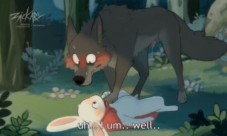 2d 2d_(artwork) animal_genitalia anthro_on_feral blush bunny_boy bunny_ears canid canine canine_penis canis cloak dialogue dominant_feral dominant_male feral forest forest_background furry gay grey_fur jpeg knot lagomorph lagomorph_humanoid lagomorph_penis leaking_precum male male/male male_only nervous_smile nervous_sweat nervous_sweating paw_on_chest penis pinned_down rabbit rabbit_ears sentient_feral sheath size_difference submissive_anthro submissive_male subtitled sweat sweat_beads sweating white_fur wolf yaoi zackary911