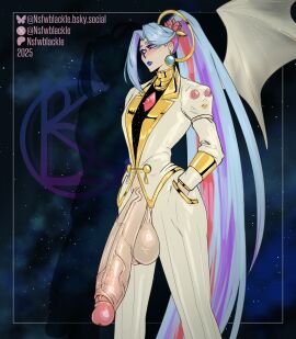 1futa artist_logo artist_name artist_signature background big_balls big_penis blue_hair blush chaos_(hades) clothed clothed_futa earrings full-package_futa futanari gold gold_(metal) gold_jewelry hades_(game) hades_2 hands_in_pockets huge_balls huge_cock light-skinned_futa light-skinned_futanari long_hair long_penis looking_away makeup multicolored_hair nsfwblackle only penis_out purple_eyes retracted_foreskin small_waist social_media space sparkles suit thick_penis three-tone_hair veiny_penis watermark wings