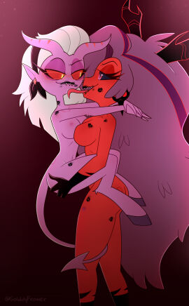 2demons 2girls absurd_res areola ass bed big_breasts bite_mark blush bodily_fluids breasts curvy_figure demon demon_humanoid demon_martha_(helluva_boss) duo ear_piercing ear_ring enemies_to_lovers eyewear fangs female female/female furniture genitals glasses golddyprower grey_hair grin hair helluva_boss hi_res hooves horn humanoid kiss_mark looking_pleasured martha_(helluva_boss) mature_female mayberry_(helluva_boss) nipples nude on_bed open_mouth open_smile piercing pink_body pussy red_body red_eyes ring_piercing sex smile tail teeth thick_thighs tongue