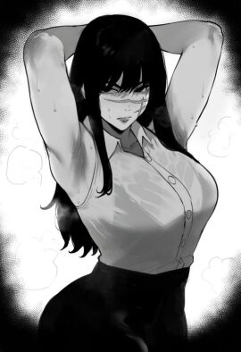armpits arms_up bbw big_ass big_breasts black_hair bra_visible_through_clothes breasts chainsaw_man curvy female huge_ass musk rethoven scar sweat sweatdrop sweaty_body tight_clothing yoru_(chainsaw_man)