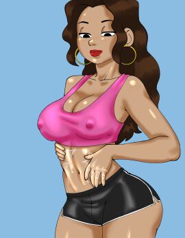 applying_lotion black_shorts blush breasts brown_hair brown_skin closed_mouth cowboy_shot darkeros13 dolphin_shorts female freckles gold_earrings half-closed_eyes hand_on_own_stomach happy hoop_earrings large_breasts looking_down lotion magenta_bra rachel_(eachminister) shiny_skin sports_bra wavy_hair