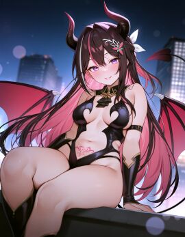 1girls ai_generated azki_(hololive) bat_wings belly belly_button blush brown_hair hololive horns large_breasts long_hair navel night pink_hair purple_eyes revealing_clothes sitting smile succubus succubus_tail thighs virtual_youtuber white_hair womb_tattoo