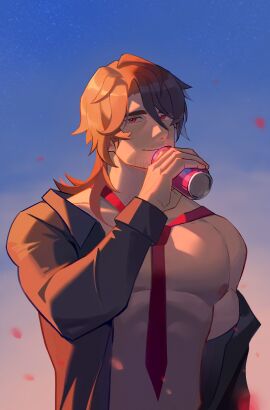 1boy anoko_nai bara gallagher_(honkai:_star_rail) hi_res honkai:_star_rail honkai_(series) looking_at_viewer male male_focus male_only muscular muscular_male nipples pecs pectorals petals red_eyes red_tie shirt simple_background soda solo solo_male tie yaoi