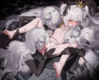 4girls absurdres artist_request barefoot black_gloves breast_sucking breasts colored_skin commentary_request commission completely_nude crown crying crying_with_eyes_open cunnilingus elbow_gloves feet flat_chest gloves grey_skin hair_ornament half-closed_eyes highres kissing korean_commentary large_breasts lipstick_mark lipstick_mark_on_leg long_hair lying multiple_girls navel nipples nude on_back oral original pointy_ears pussy red_eyes second-party_source skull_hair_ornament tears twintails uncensored white_hair yuri