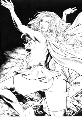 2d 2d_(artwork) ass big_ass big_breasts black_and_white blonde_hair blue_eyes boots breasts bubble_ass bubble_butt cape dc dc_comics fat_ass female huge_ass kara_danvers kara_zor-el large_ass large_breasts legs leo_matos looking_at_viewer miniskirt signature skirt skirt_lift skirt_up supergirl superheroine superman_(series) text thick thick_ass thick_thighs