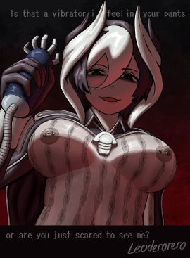 1boy 1girls bags_under_eyes black_and_white_hair black_hair body_markings breasts creepy_smile english_text female female_focus femdom hair_between_eyes highres large_breasts leoderorero made_in_abyss male medium_breasts nipple_piercing nipples ozen piercing reg shaded_face short_hair smile solo_focus two-tone_hair unseen_male_face upper_body white_hair