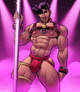 butt_hair collar conner_kent earrings facial_hair gay gay_male gogo_dancer harness jockstrap kon-el male pole_dancer pole_dancing pubic_hair pullaskiart solo_male superboy superboy_(conner_kent) yaoi