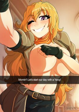 1girls artist_logo big_breasts bike_shorts blonde_hair breasts busty camera_pov covering covering_breasts english english_text female female_focus female_only fingerless_gloves grin khartemis large_breasts legs long-haired_female long_hair looking_at_viewer naughty_face navel nipple_slip open_clothes outstretched_arms rooster_teeth rwby selfie smile snapchat solo solo_female solo_focus teasing text thighs voluptuous yang_xiao_long